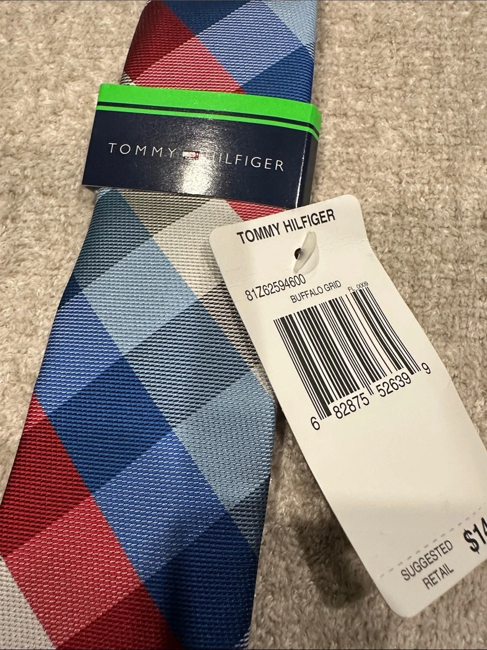 Tommy Hilfiger Red, Blue and Gray Plaid Silk Tie